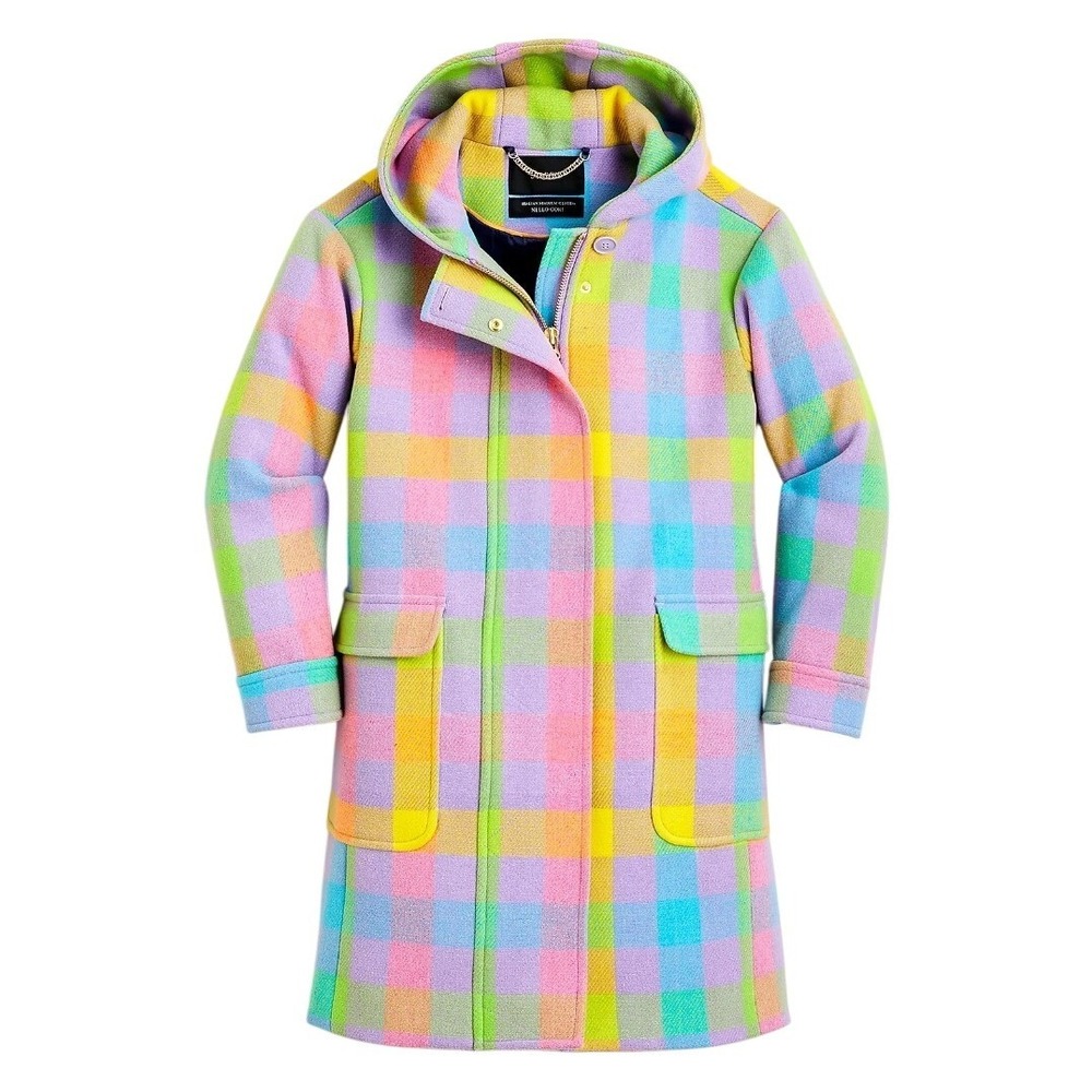 EUC! J.Crew Duffle Coat Pastel Plaid Italian Stadium Cloth Wool Women's XS